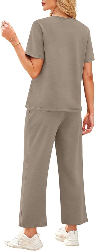 WIHOLL 2 Piece Sets for Women Casual Summer Travel Vacation Outfits Short Sleeve Wide Leg Crop Pants Lounge Sets