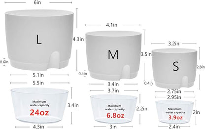 Self Watering Pots for Indoor Plants, 5 Pack 6/4.1/3.2 Inch Flower Pot Modern Decorative Plastic Planter with Extra Large Water Storage for All House Plants, Flowers, Herbs(White)