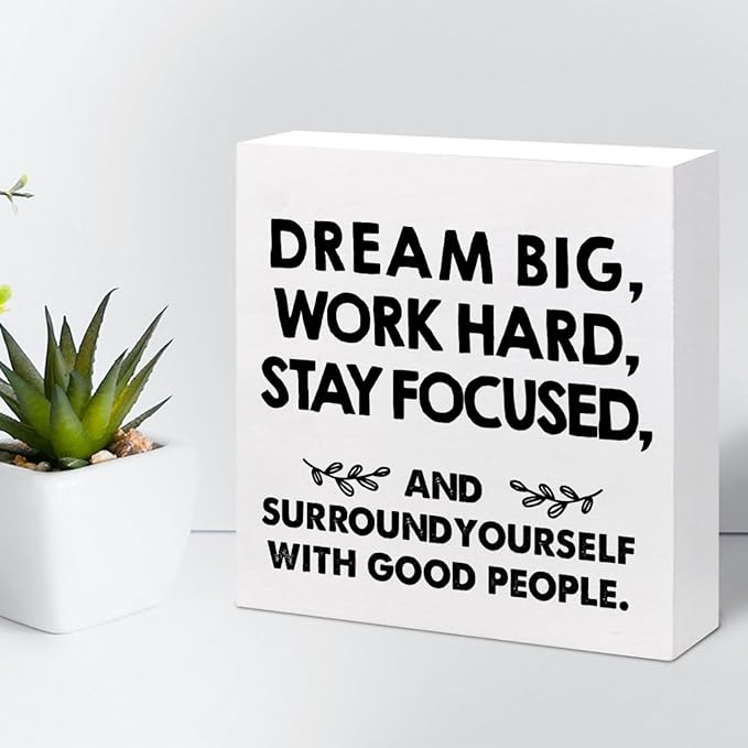 Motivational Wood Box Sign Desk Decor,Dream Big Work Hard Stay Focused Wood Plaque Signs,Rustic Positive Wooden Block Sign Decor for Office Workplace Classroom Shelf Table Decoration C1077