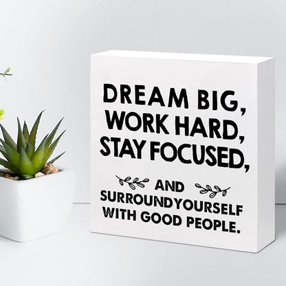 Motivational Wood Box Sign Desk Decor,Dream Big Work Hard Stay Focused Wood Plaque Signs,Rustic Positive Wooden Block Sign Decor for Office Workplace Classroom Shelf Table Decoration C1077