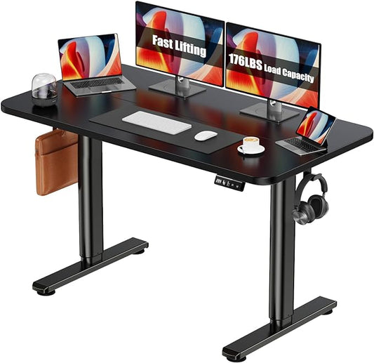 Electric Standing Desk Adjustable Height Stand Up Desk, 48" x 24" Sit Stand Desk, Low Noise Home Office Desk, Computer Desk with Splice Board, Child Lock & Memory Function, Black