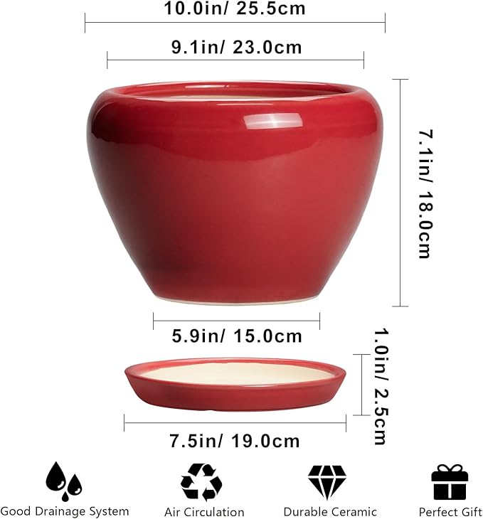 10 Inch Plant Pot - Ceramic Planter for Indoor Outdoor Plants, Glaze Modern Round Planter with Drainage Hole and Saucer, Gifts for Plant Lovers, Home Room Garden Decor, Red
