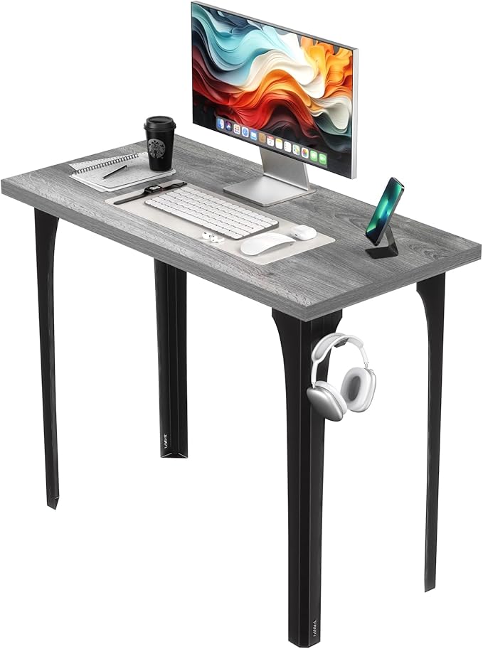 Home Office Computer Desk 35.4 inch gaming Desk, Modern and Minimalist home office desk, Home Office Desks, Study Desk, Craft table Black Metal Designed Frame, Gray Oak Board Color.