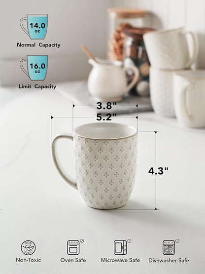 LE TAUCI Coffee Mugs 16 oz,Ceramic Mug Set, Embossment Cups for Latte, Hot Tea, Cappuccino, Mocha, Cocoa, Dishwasher Safe, Suit For Housewarming Wedding- 3.8 inch, Set of 4, Arctic White