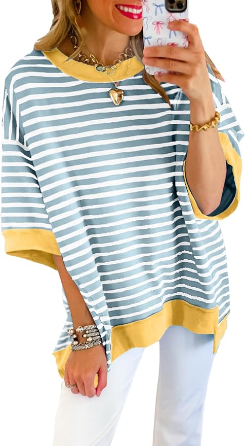 SHEWIN Womens Tops Casual Short Sleeve Sweatshirt Crewneck Striped Shirt Pullover T Shirts Loose Blouses