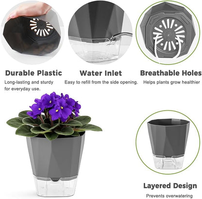 2 Pack Self Watering Plant Pots 8.4" Self Watering Planters for Indoor and Outdoor Plants African Violet Self Watering Clear Pots for Plants Large Herb Orchid Flower Houseplant Pots, Dark Grey