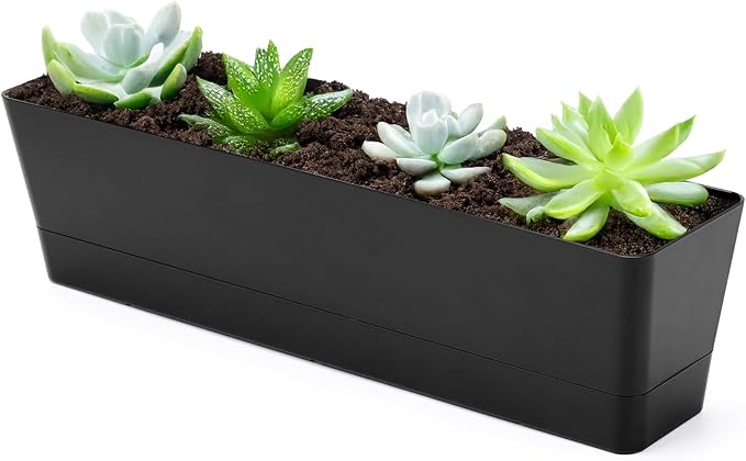 GREANER 16x3.8 Inch Herb Window Boxes 1PCS, Black Planter with Removable Trays and Drainage Holes, Succulent Flower Rectangular Plastic Pot for Balcony, Office, Windowsill, Garden, Indoor Outdoor Use