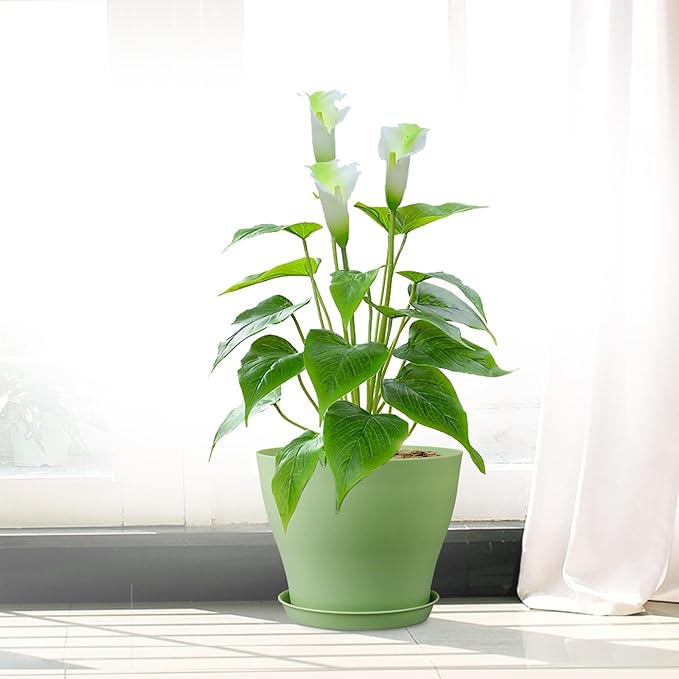 6 inch Plastic Nursery Pots,16 Pack Plant Pots for Small Indoor Outdoor Plants, Flower Pots with Drainage Holes and Saucers, Decorative Seedling Starter Planters for House Plants, Green