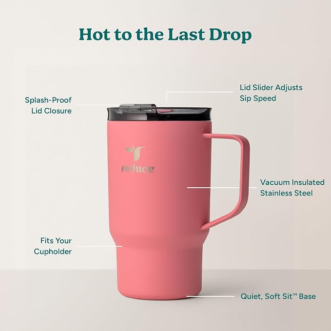 REDUCE Hot1 18 oz Hot1 Stainless Steel Insulated Mug with Temperature Adjusting Lid - Dual-Wall Vacuum, Cupholder Friendly - Keeps Drinks Hot for 6 Hours - Ideal for Coffee, Tea & Other - Baked Clay
