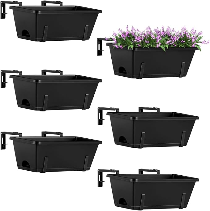 ETELI Railing Planter Hanging and Planter Box Brackets Set 6 Pack Adjustable Deck Window Boxes Planters with Drainage Holes for Garden Railing Fence, Black