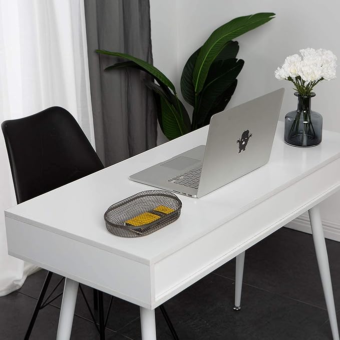 soges Mid Century Desk with Drawers, 3-Drawer Writing Study Desk, 43.3 inches Home Office Computer Desk for Small Space, Multifunctional Vanity Table Desk, White