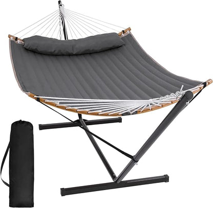 SUNCREAT Double Portable Hammock with Stand, 2 Person Hammock with Curved Spreader Bar, Balance Ropes Included, Dark Gray