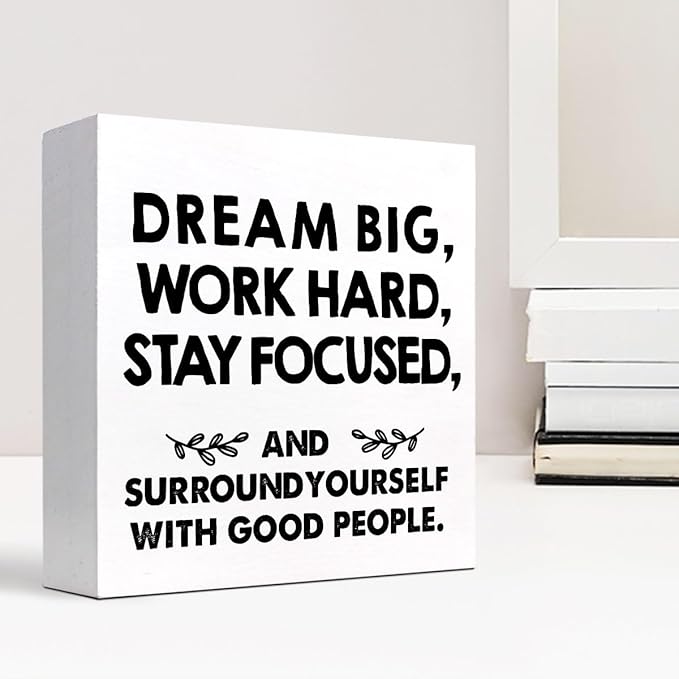 Motivational Wood Box Sign Desk Decor,Dream Big Work Hard Stay Focused Wood Plaque Signs,Rustic Positive Wooden Block Sign Decor for Office Workplace Classroom Shelf Table Decoration C1077