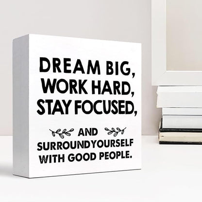 Motivational Wood Box Sign Desk Decor,Dream Big Work Hard Stay Focused Wood Plaque Signs,Rustic Positive Wooden Block Sign Decor for Office Workplace Classroom Shelf Table Decoration C1077