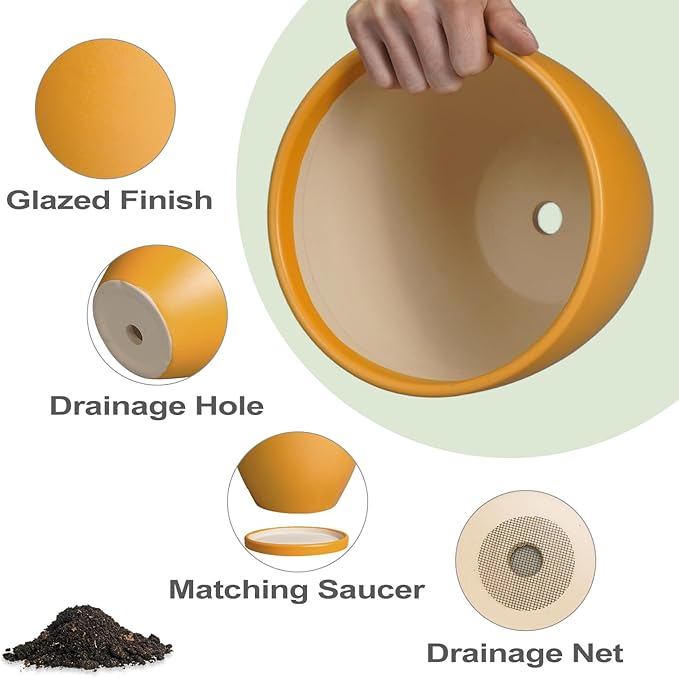 10 Inch Plant Pot - Ceramic Planter with Drainage Hole and Saucer, Modern Flower Pot, Round Planters for Indoor Plants, Home Patio Bathroom Porch Garden Living Room Decor, Orange