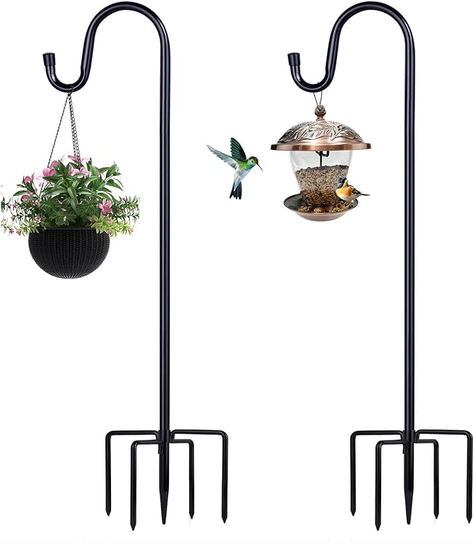 Shepherd Hooks for Outdoor, 2 Pack 62 Inch Bird Feeder Pole with 5 Prongs Base for Hanging Lantern, Hummingbird Feeder, Lightweight Plant, Shepherds Hook for Bird Feeders for Outside