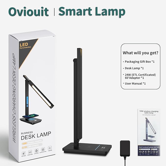 10 in 1 Smart Desk Lamp, Desk Table Lamp for Office, Eye-Caring Office Lamp with Night Light, Lamp for Desk with 10W Wireless Charger, Dimmable Touch Lamp for Home College Dorm Reading Study Work Room