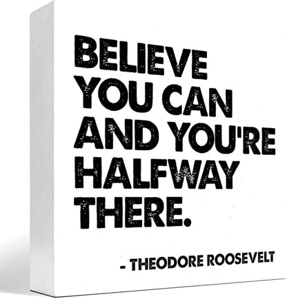 Believe You Can and You're Halfway There Wood Box Signs,Inspirational Wood Plaque Sign Desk Decor,Rustic Positive Wooden Block Sign Decor for Home Office Shelf Table Decoration C1073