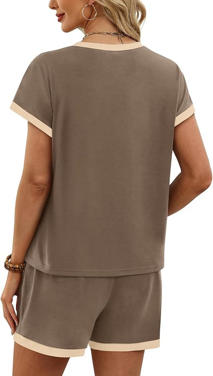 WIHOLL Two Piece Sets for Women Summer Lounge Short Sets Cap Sleeve Crew Neck Sweatsuit with Pocket XS-2XL