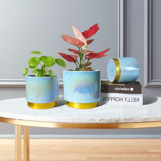 Gepege Ceramic Pots for Plants, Rainbow Pearl Glaze Planter with Drainage Hole, 6.0 inch+5.0 Inch+4.0 Inch. Indoor-Outdoor Large Round Succulent Orchid Flower Pot