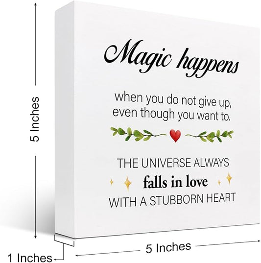 Inspirational Wood Sign,Magic Happens When You Do not Give Up Wood Block Sign Desk Decor,Motivational Sign Wooden Box Plaque Sign for Home College Office Shelf Table Decor Decorations