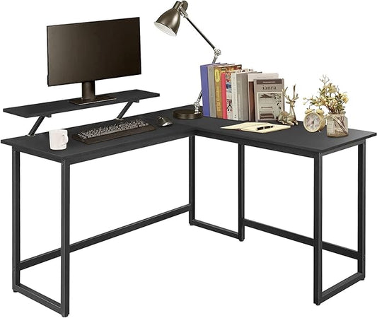 L Shape Computer Desk - Spacious 55 inch Corner Desk Home Office Desk Gaming Desk with Reversible Monitor Stand and Adjustable Feet, Easy Assembly, Black