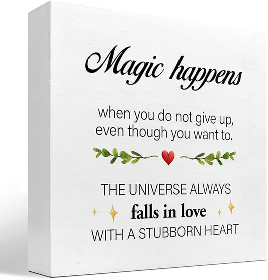 Inspirational Wood Sign,Magic Happens When You Do not Give Up Wood Block Sign Desk Decor,Motivational Sign Wooden Box Plaque Sign for Home College Office Shelf Table Decor Decorations