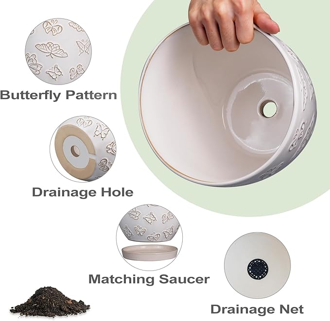 Ceramic Planter 8 Inch - White Plant Pot with Drainage Hole and Saucer Modern Flower Pot for Indoor Outdoor Plants