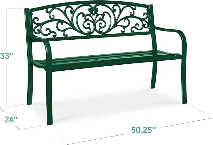 Best Choice Products Outdoor Bench Steel Garden Patio Porch Furniture for Lawn, Park, Deck w/Floral Design Backrest, Slatted Seat - Dark Green