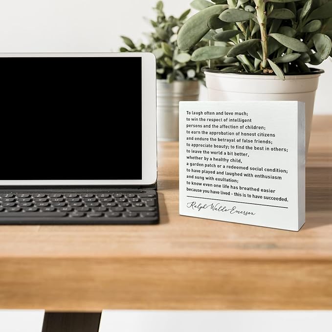 Home Office Desk Wooden Box Sign Decor, To Laugh Often and Much, Inspirational Book Quotes Desk Decor Motivational Literary Desk Decorations for Women Men Student Office Classroom School