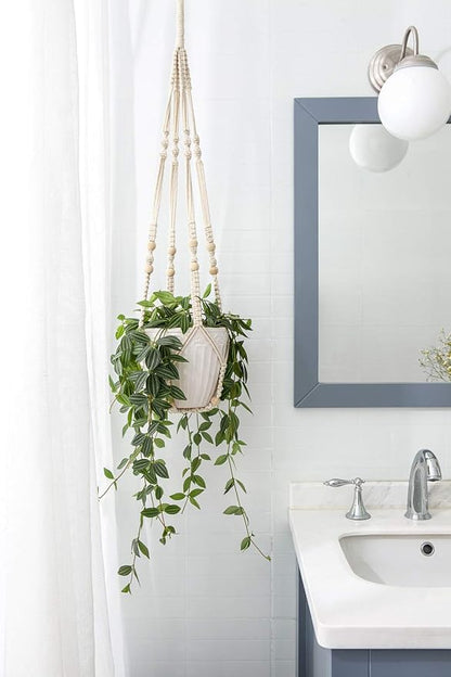 Mkono Macrame Plant Hanger Indoor Hanging Planter Basket with Wood Beads Decorative Flower Pot Holder No Tassels for Indoor Outdoor Boho Home Decor 35 Inch, Ivory, Set of 2 (POTS NOT Included)