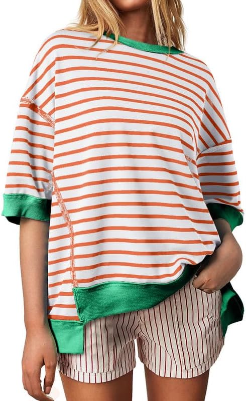 SHEWIN Womens Tops Casual Short Sleeve Sweatshirt Crewneck Striped Shirt Pullover T Shirts Loose Blouses