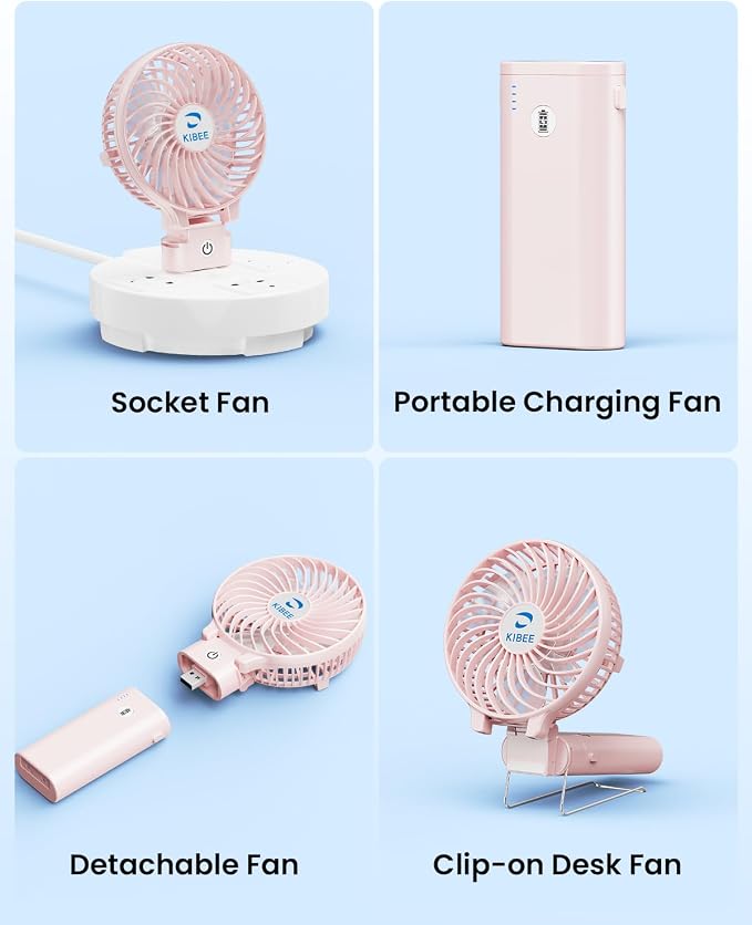 KIBEE 5200mAh Portable Handheld Fan, 20H Max Runtime USB Rechargeable Foldable 180° Mini Personal Fan, 3 Speeds Quiet Cooling Fan with Stand & Power Bank, Travel Outdoor Makeup Concerts (Pink)
