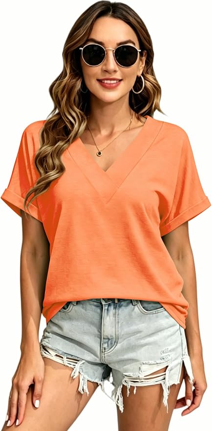 T Shirts Short Sleeve V Neck Tees Womens Tops Beach Vacation Fashion Clothes 2026 Casual Summer Spring Fall Outfits