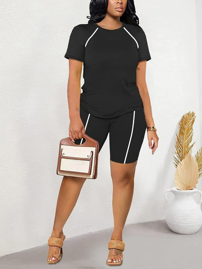STOLKISS Women 2 piece Short Sets Classic Striped Outfits Summer Casual Short Sleeve T-Shirt and Short Jogger Tracksuits Sets