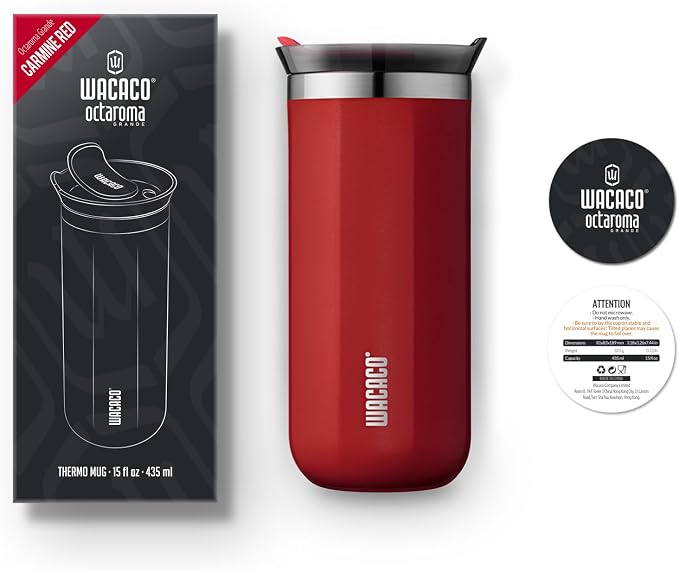 WACACO Octaroma Grande Vacuum Insulated Coffee Mug, 15 fl oz (435ml), Double-wall Stainless Steel Travel Tumbler With Drinking Lid, Carmine Red