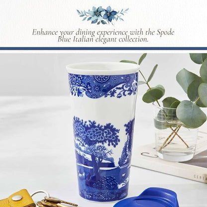 Spode Blue Italian Travel Mug | 12-Ounce Capacity | Made of Porcelain | Travel Tumbler for Coffee and Tea | Hot Water Cup | Dishwasher and Microwave Safe