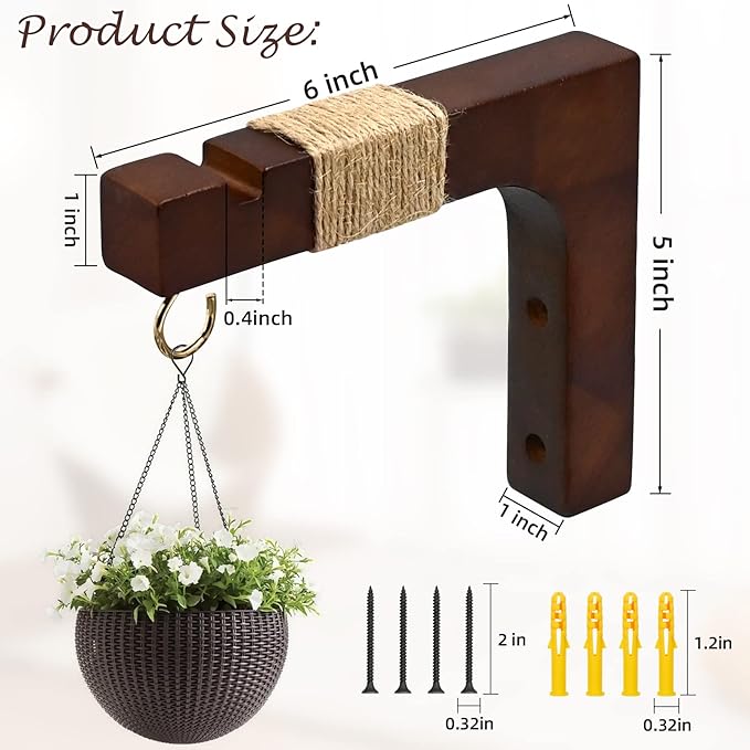 Plant Hanger Hooks for Indoor Hanging Plants, 2 Pack Rustic Farmhouse Wooden Hanging Basket Wall Bracket Plant Hooks for Indoor Outdoor Flower Pots Lanterns Wind Chime Balcony Light Garden Decoration