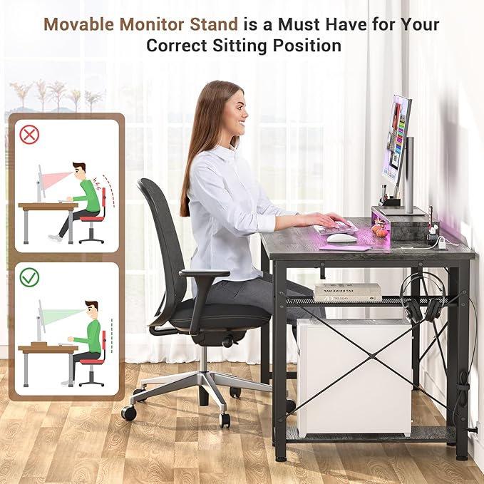 armocity Computer Desk with LED Lights, Gaming Desk with Power Outlet and USB, 40 Reversible Laptop Table with Moveable Monitor Stand, Small Desk for Small Spaces, Office, Gaming Room, Grey