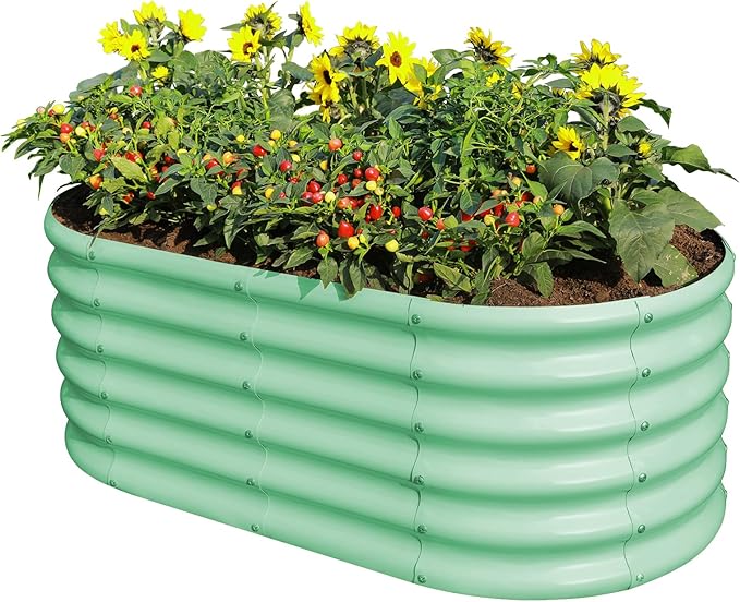 Land Guard 18“ Tall 4×2ft Galvanized Raised Garden Bed Kit, Galvanized Planter Garden Boxes Outdoor, Oval Large Metal Raised Garden Bed for Vegetables……… (Lime Green, 4×2×1.5ft)