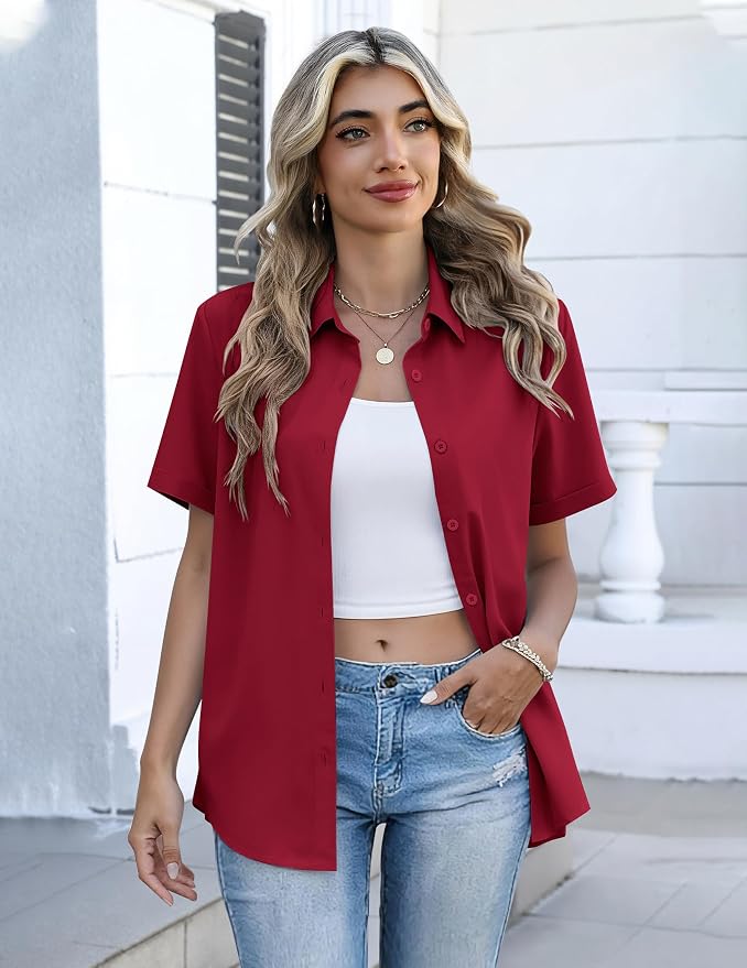 Zeagoo Button Down Shirts for Women Short Sleeve Collared Tops Dressy Casual V Neck Blouses