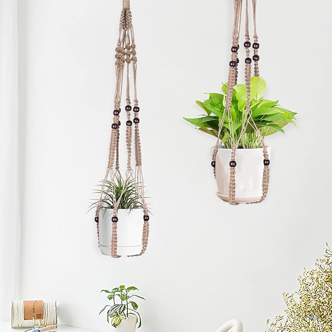 Macrame Plant Hanger Indoor Hanging with Wood Beads Macrame Planters No Tassel for Indoor Outdoor Boho Home Decor 35 Inch(Brown, 2)