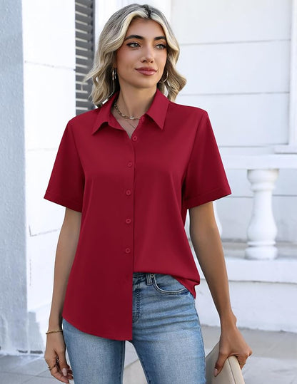 Zeagoo Button Down Shirts for Women Short Sleeve Collared Tops Dressy Casual V Neck Blouses