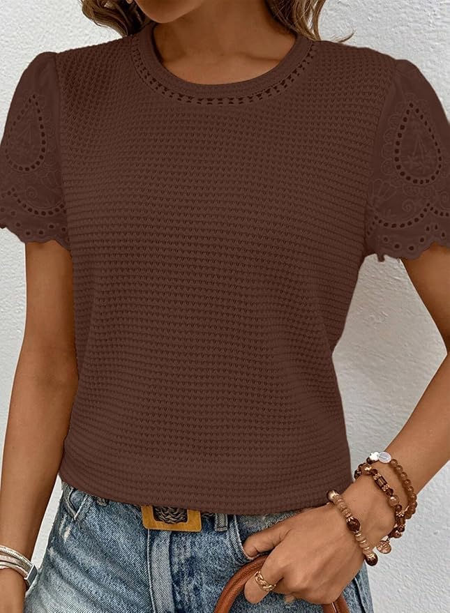 SHEWIN Womens Frenchy Summer Tops Crewneck Short Sleeve T Shirts Casual Waffle Knit Jacquard Blouses Top Shirts