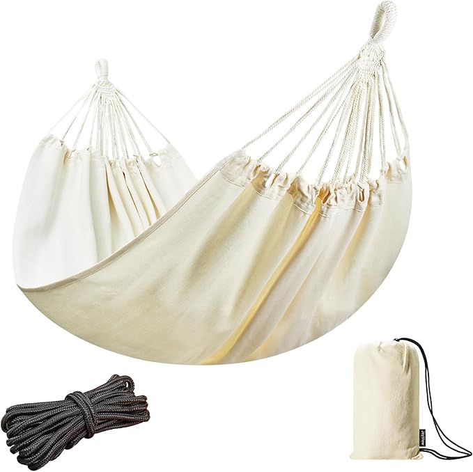 JoyView Brazilian Double Hammock with Hanging Ropes Extra Large 86.6x59” Portable Cotton Hammock for Patio Backyard Porch 450LBS Weight Capacity Perfect for Outdoor/Indoor - Natural White
