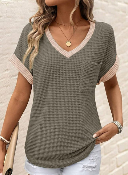 Dokotoo Womens Waffle Knit Tops 2026 Spring Summer V Neck Shirts Casual Trendy Women's Blouses Basic Tee