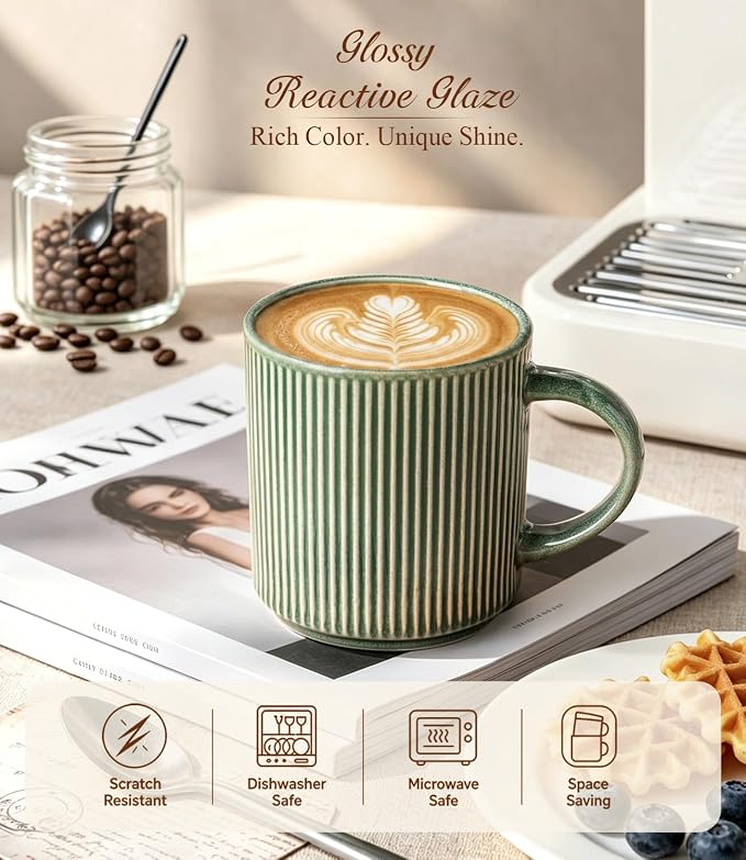 GBhome Coffee Mugs Set of 6，12 oz Coffee Cups with Handle | Cups for Latte, Tea, Cocoa & Milk, Ideal for Daily Use & Gifts, Microwave & Dishwasher Safe, Dark Green