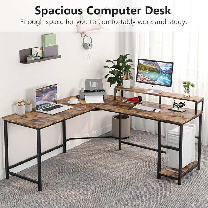 L-Shaped Computer Desk with Monitor Stand and Storage Shelves, Large Corner Desks for Home Office