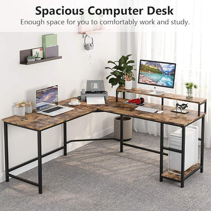 L-Shaped Computer Desk with Monitor Stand and Storage Shelves, Large Corner Desks for Home Office