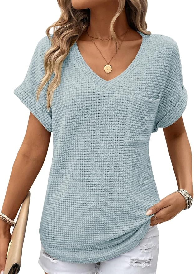 Dokotoo Womens Waffle Knit Tops 2026 Spring Summer V Neck Shirts Casual Trendy Women's Blouses Basic Tee